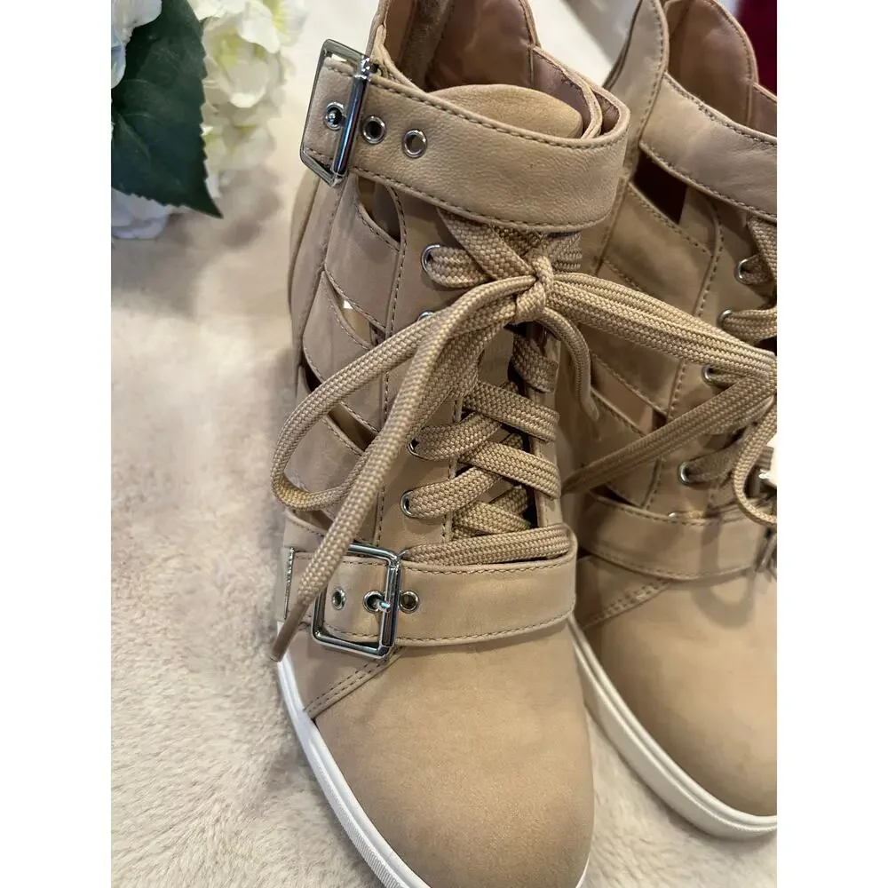 LINEA PAOLO Fave Beige Tan Cutout Wedge Lace-Up Sneaker with Buckle, Size  8.5
